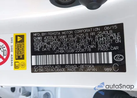 2015 Lexus Es 350 z USA, uszkodzony, nr VIN JTHBK1GG8F2208778